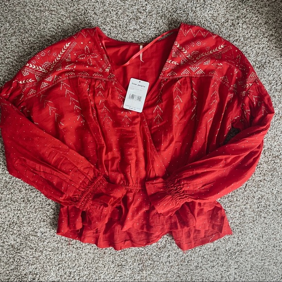 FREE PEOPLE Metallic Bell Sleeves Blouse Caliente Red - Picture 5 of 8